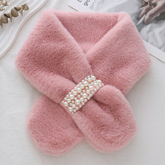 Faux Fur Knit Scarf for Women, Thickened Fleece Neck Warmer, Winter Solid Color Shawl(Pink)
