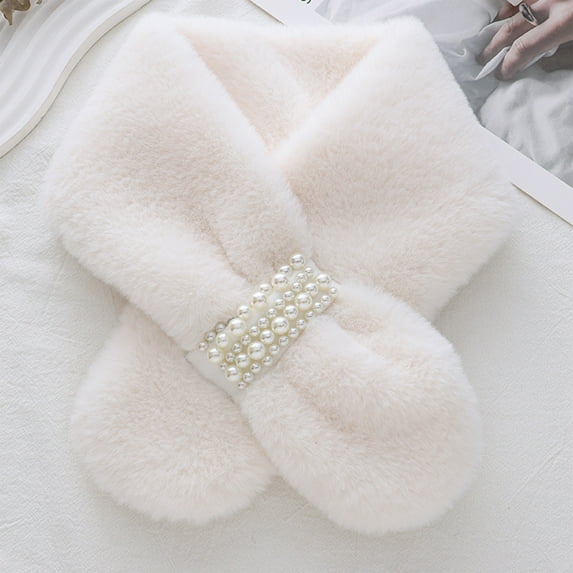 Faux Fur Knit Scarf for Women, Thickened Fleece Neck Warmer, Winter Solid Color Shawl(White)