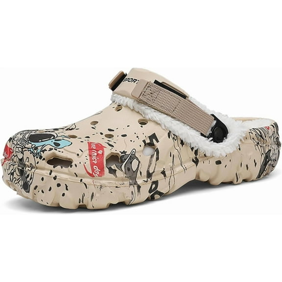 Faux Fur Lined Clogs for Men – Waterproof Winter Garden Shoes with Adjustable Heel Strap Warm Slip-On Mules Non-Slip Outdoor Indoor Clogs for House Yard Camping Beach Casual Wear