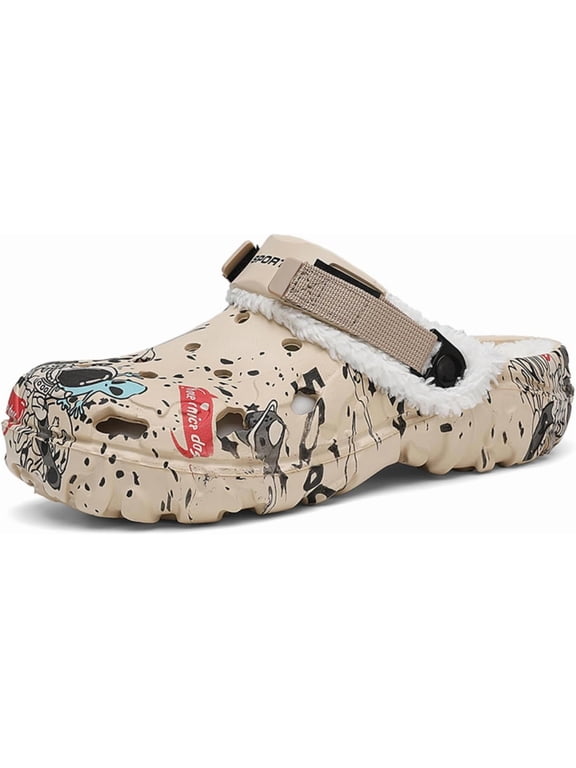 Faux Fur Lined Clogs for Men – Waterproof Winter Garden Shoes with Adjustable Heel Strap Warm Slip-On Mules Non-Slip Outdoor Indoor Clogs for House Yard Camping Beach Casual Wear