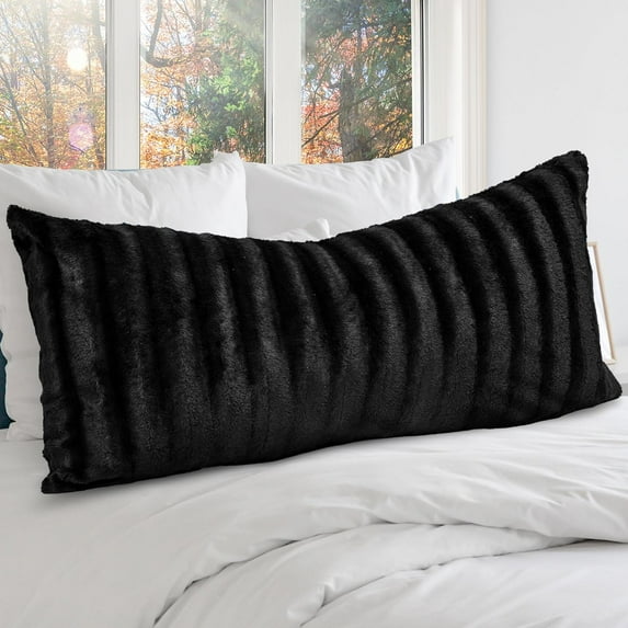 Faux Fur Long Body Pillow - Reversible Ultra Soft Decorative Lumbar Throw Pillow for Bed, Couch, Sofa, Accent Home Decor, Black (18" x 40")