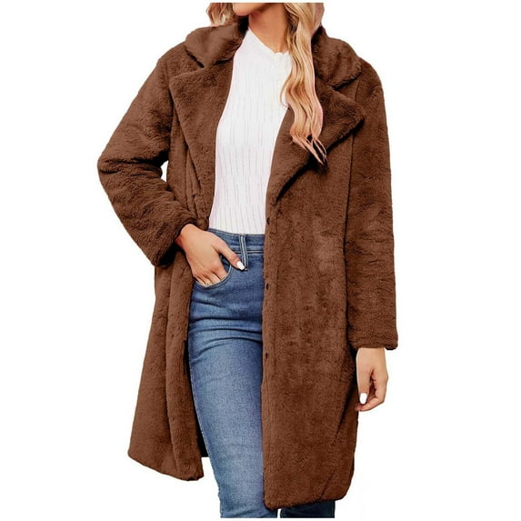 Faux Fur Long Coats for Women Casual Jacket Winter Open Front Solid Turn Down Collar Outerwear