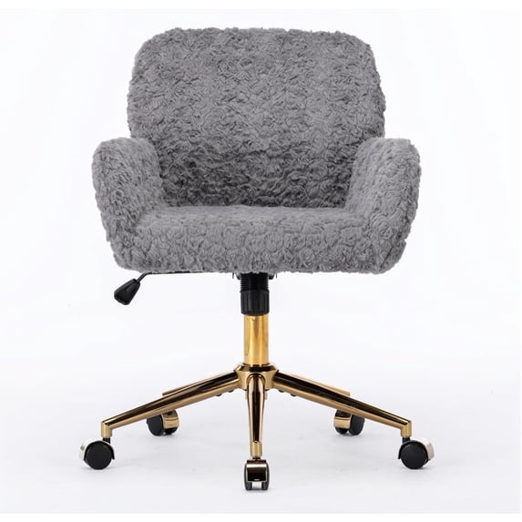 Faux Fur Makeup Vanity Chair, Comfy Fuzzy Home Office Desk Chair with Wheels & Gold Base, Upholstered Adjustable Swivel Office Chair for Teens Girls Women Home Office, Grey