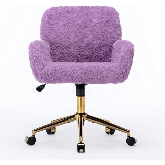 Faux Fur Makeup Vanity Chair, Comfy Fuzzy Home Office Desk Chair with Wheels & Gold Base, Upholstered Adjustable Swivel Office Chair for Teens Girls Women Home Office, Violet