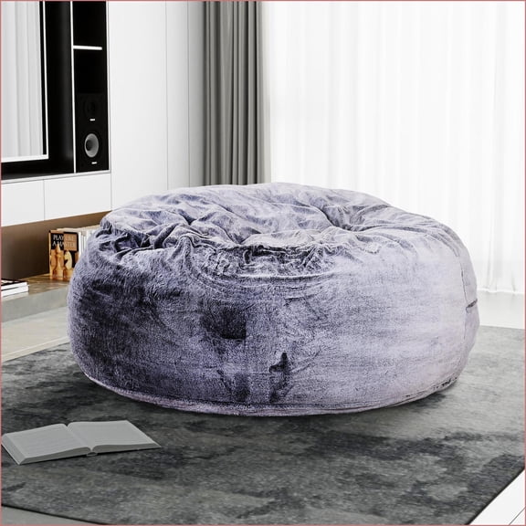 5ft Faux Fur Memory Foam Bean Bag Chair for Adults & Kids, Soft Living Room Lounger | Purple | Round