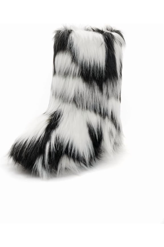 Faux Fur Mid-Calf Boots for Women,Furry Fluffy Round Toe Suede Snow Boots, Comfy Plush Warm Short Flat Shoes for Indoor and Outdoor Winter Wear