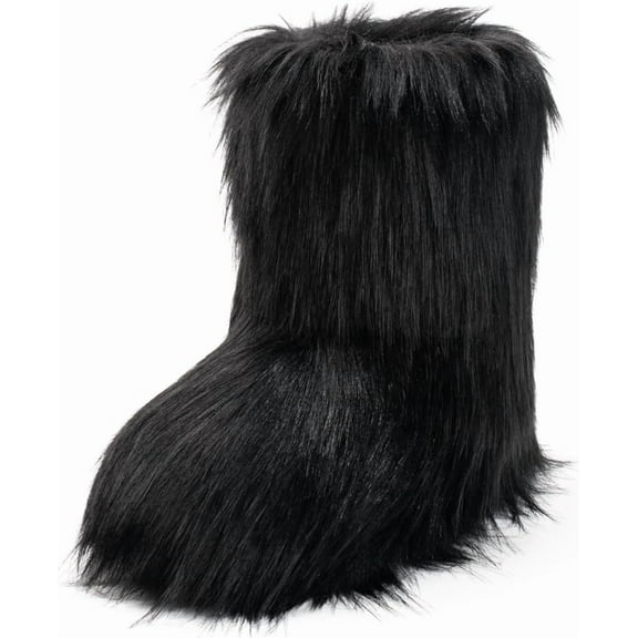 Faux Fur Mid-Calf Boots for Women,Furry Fluffy Round Toe Suede Snow Boots, Comfy Plush Warm Short Flat Shoes for Indoor and Outdoor Winter Wear