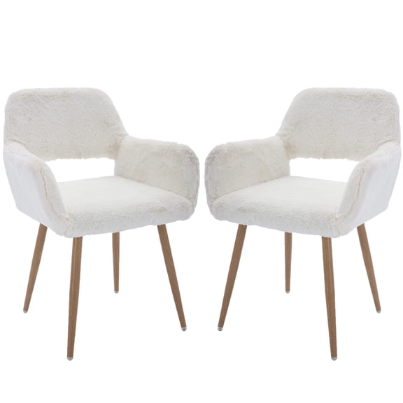 Faux Fur Mid-Century Modern Vanity Desk Chairs Set of 2 with Wood Grain Metal Legs for Bedroom, Dining Room, White