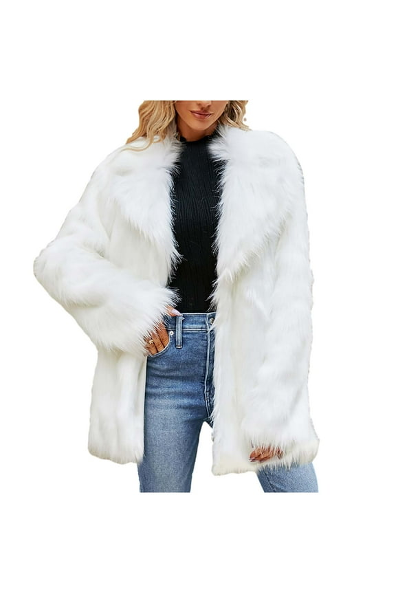 Faux Fur Mid Long Jacket Womens Elegant Notch Collar Fuzzy Fluffy Overcoat Full Sleeve Wedding Party Coat Outwear (XX-Large, White)