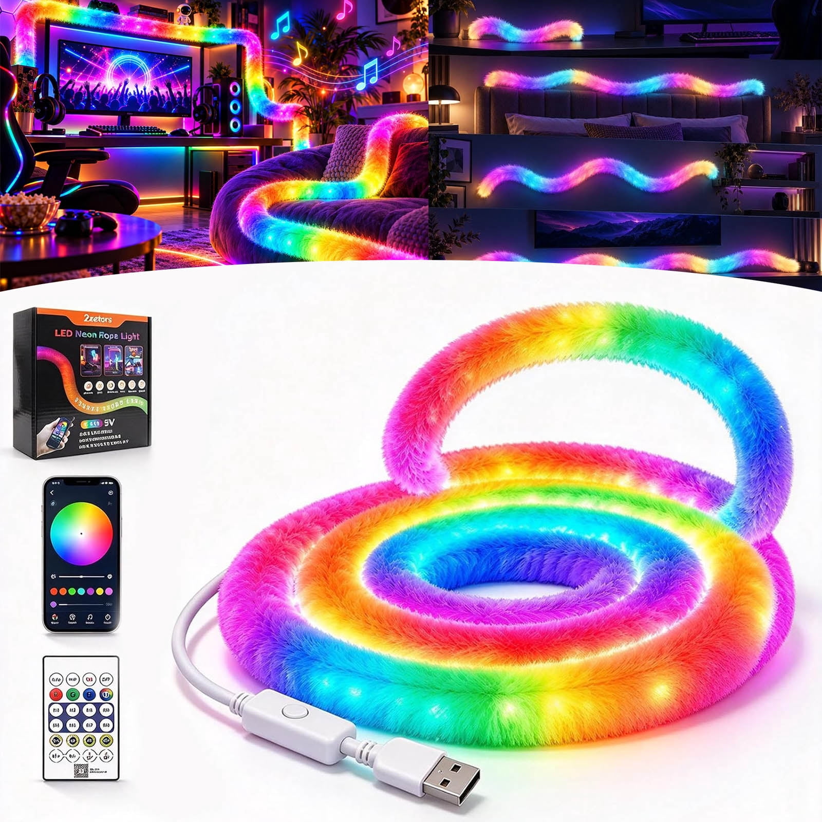 Faux Fur Neon Light Strip, 360° All-Round Glow RGB LED Rope Lights, App ...