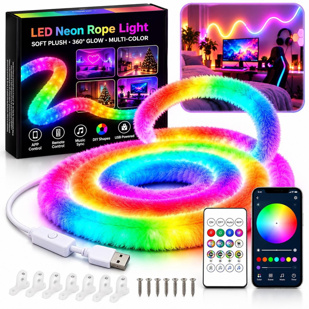 Faux Fur Neon Light Strip, 360° Glowing Plush LED Rope Lights with ...