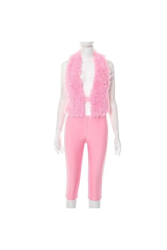 Faux Fur Open-Front Vest & Pants Set (M, Pink)
