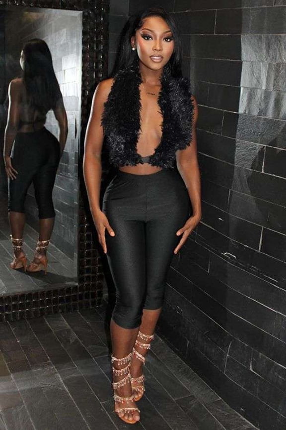 Faux Fur Open-Front Vest & Pants Set (S, Black)