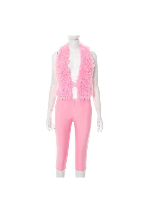 Faux Fur Open-Front Vest & Pants Set (S, Pink)