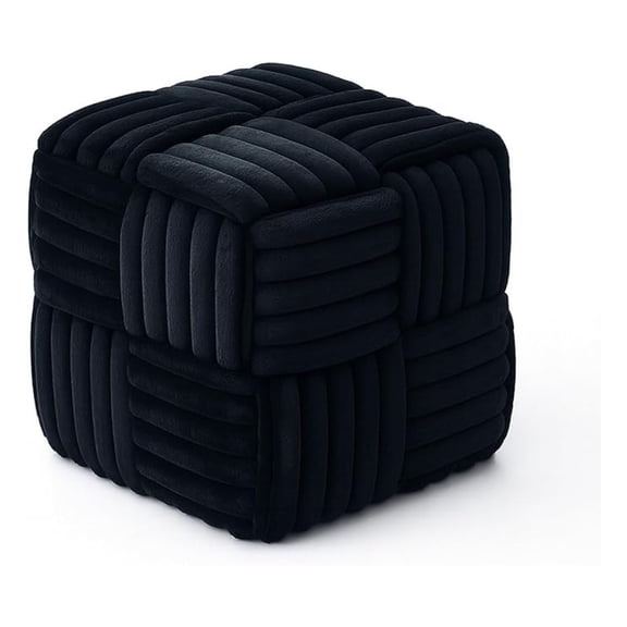 Faux Fur Ottoman Footrest 15.7" Square Vanity Stool, No Assembly Required, Soft Padded Seat for Bedroom, Living Room, Entryway (Black)