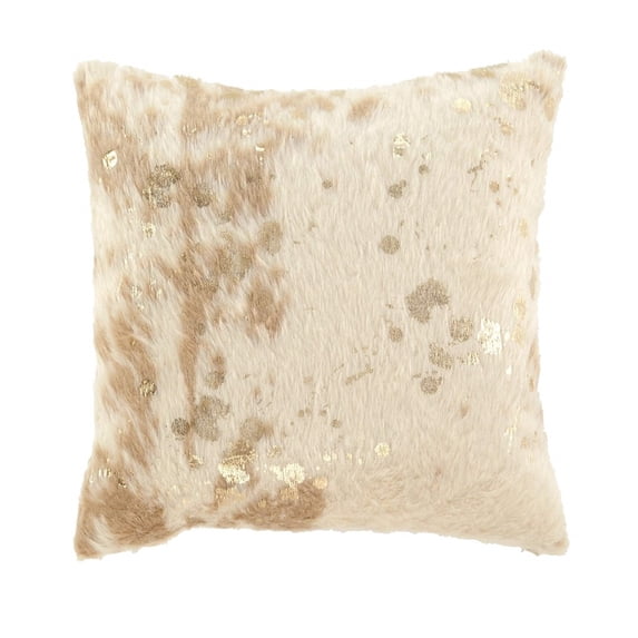Faux Fur Pillow with Zipper Closure, Set of 4, Cream and Gold