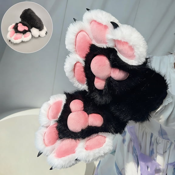 Faux Fur Plush Furry Cat Wolf Claw Gloves,Fursuit Animal Fox Paws Mittens Halloween Cosplay Costume Accessories,Canidae Therian Paws