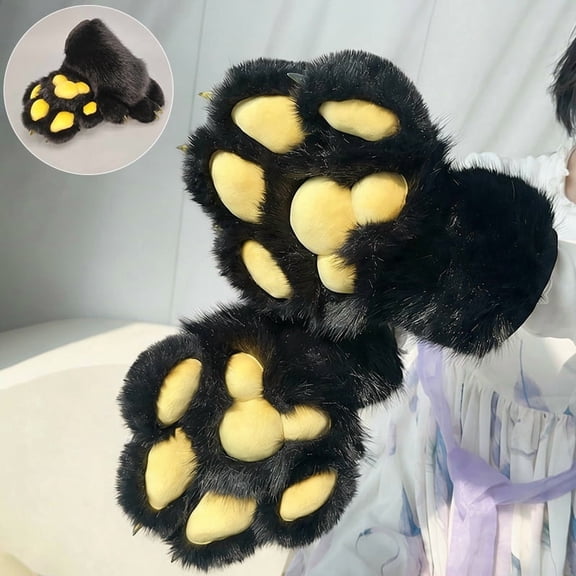 Faux Fur Plush Furry Cat Wolf Claw Gloves,Fursuit Animal Fox Paws Mittens Halloween Cosplay Costume Accessories,Canidae Therian Paws