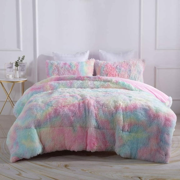 Faux Fur Plush Rainbow Comforter Set Fluffy Shaggy Bedding - 3PC Full Size Microfiber Soft Warm Quilt