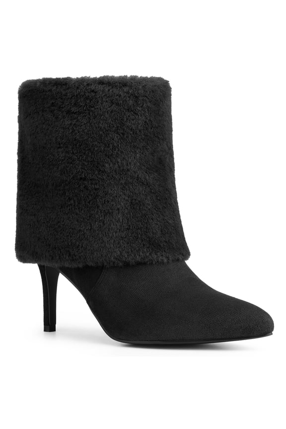 Women's Shoes Faux Fur Ankle Booties Stiletto Heel Pointed Toe Boots Black 9.5