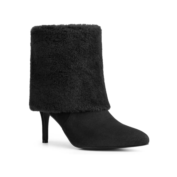 BLISSFUL STEP Women's Shoes Faux Fur Ankle Booties Stiletto Heel Pointed Toe Boots Black 9.5