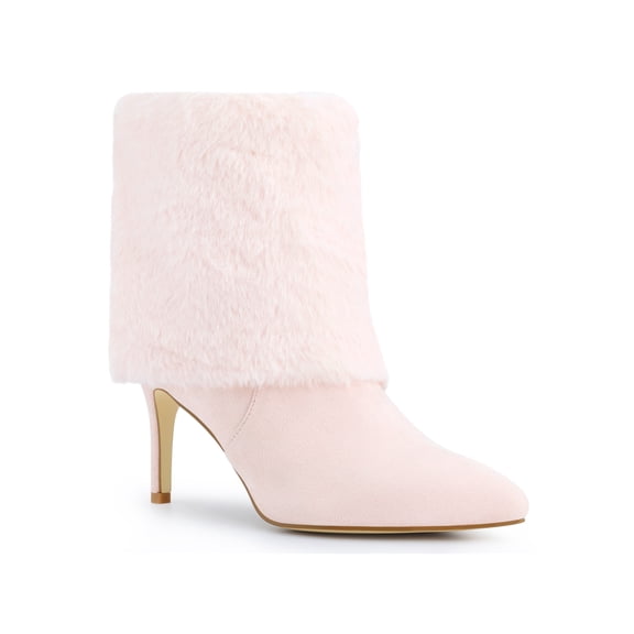 BLISSFUL STEP Women's Shoes Faux Fur Ankle Booties Stiletto Heel Pointed Toe Boots Light Pink 6.5