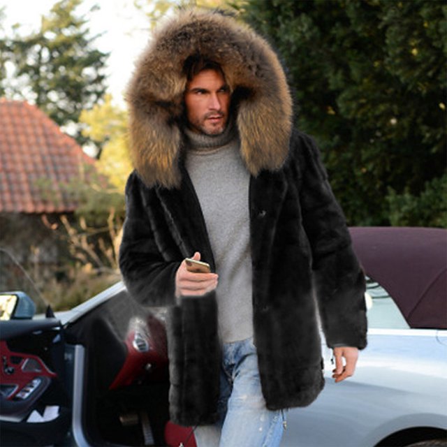 Faux Fur Puffer Jacket Black Men's Casual Jacket Winter Warm Hooded Cardigan Long Winter Jackets