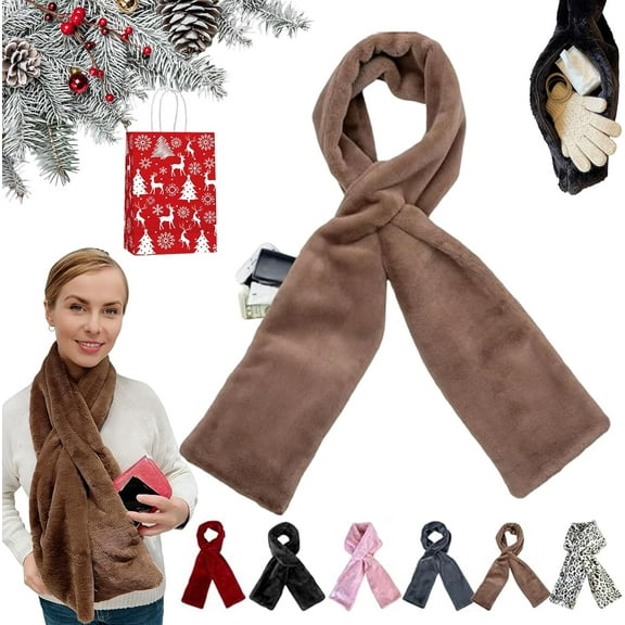 Faux Fur Pull Through Scarf with Hidden Zipper Pocket Winter Pocket Scarf for Hands-Free Storage Phone & Valuables