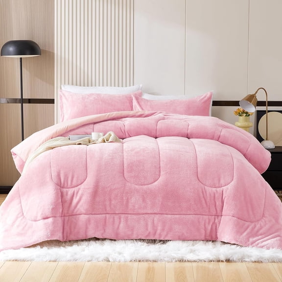 Faux Fur Queen Size Comforter Set, Luxury Ultra Soft Fluffy Comforter, Plush Fuzzy Bedding Comforter Sets for Fall Winter, Cozy Warmth, No Shedding, 3PC, Queen, Pink