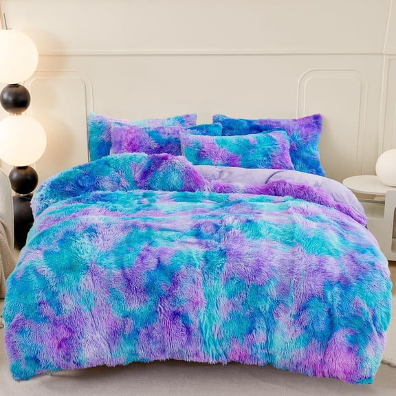 Faux Fur Queen Size Girls Bedding Set 3Pcs Plush Shaggy Fluffy Duvet Cover Set Tie Dye Ombre Furry Velvet Comforter/Quilt Cover Set (Blue , Queen)