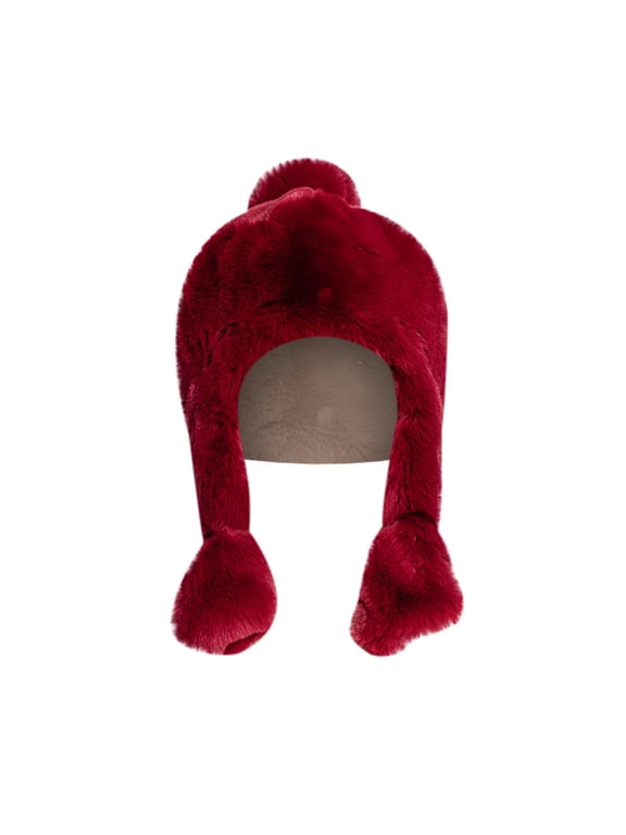 Faux Fur Raccoon Hat Windproof and Freeze-proofing Windproof Skiing Warm Russian Bomber Hats Warm Cold Weather Cap with Ear Flap Warm Suedette Skiing Cap Russian Style Red One Size