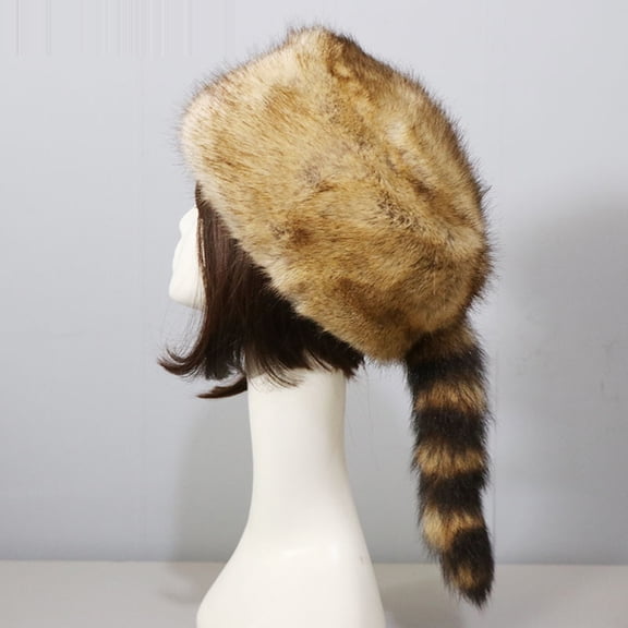 Faux Fur Raccoon Tail Hat for Women Men, Faux Coonskin Cap with Tail Flat Top Winter Hat