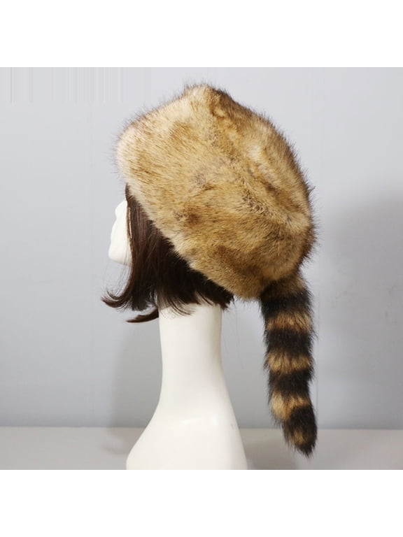 Faux Fur Raccoon Tail Hat for Women Men, Faux Coonskin Cap with Tail Flat Top Winter Hat
