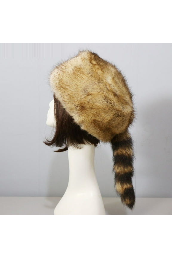 Faux Fur Raccoon Tail Hat for Women Men, Faux Coonskin Cap with Tail Flat Top Winter Hat