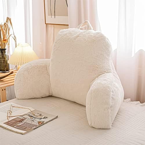 Faux Fur Reading Pillow Bed Wedge Large Adult Children Backrest with Arms Back Support for Sitting Up in Bed/Couch for Bedrest,Ivory,Large