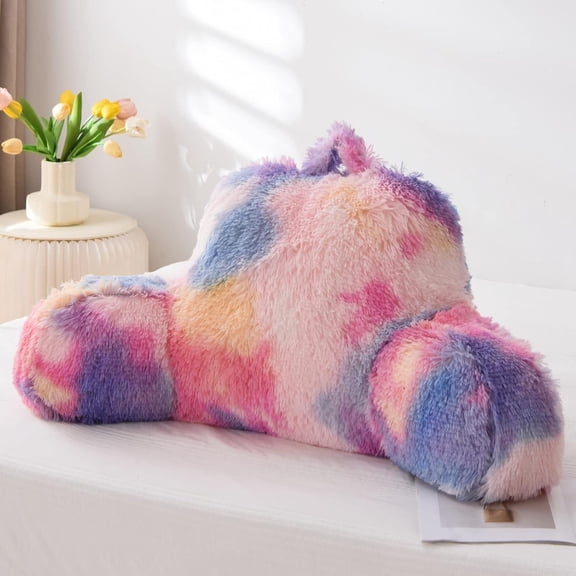 Faux Fur Reading Pillow Bed Wedge for Adult Children Backrest with Arms Back Support for Sitting Up for Bedrest,PinkPurple,Large