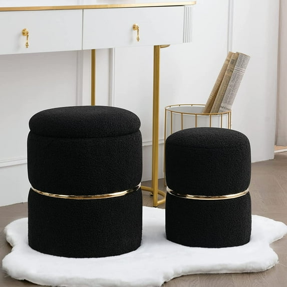 Falvinoryn Round Storage Ottoman Faux Fur Upholstered Vanity Stool for Livingroom,Bedroom, Pack of 2, Black