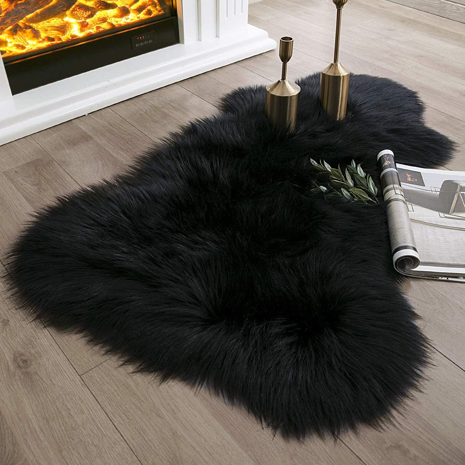 Black Faux Fur Rug Ultra Soft Sheepskin 2x3 Feet Machine Washable 