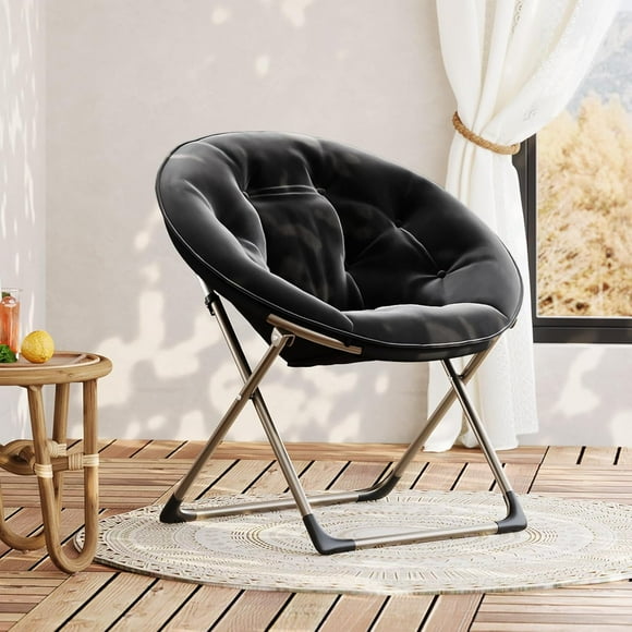 Faux Fur Saucer Chair - Oversized Foldable Moon Chair for Adults, 300lb Capacity Lounge Chair with Metal Frame, Plush Flower Accent Seat for Bedroom, Living Room or Dorm (Black)