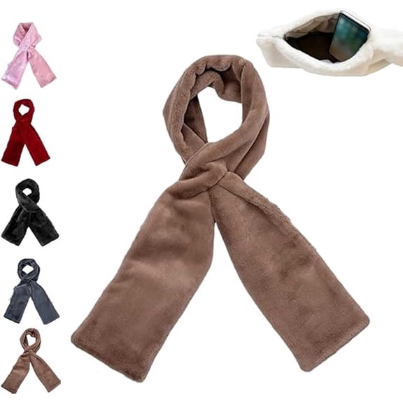 Faux Fur Scarf With Hidden Zipper Pocket, Plush Soft Warm Winter Neck Wrap, Valuables Winter Accessory Winter Scarf for Women Shawl Wraps Soft Warm Fashion Blanket Scarves Gifts-Brown