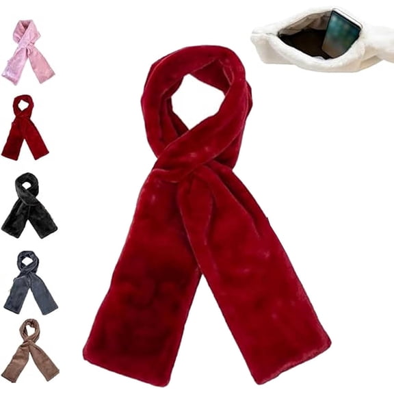Faux Fur Scarf With Hidden Zipper Pocket, Plush Soft Warm Winter Neck Wrap, Valuables Winter Accessory Winter Scarf for Women Shawl Wraps Soft Warm Fashion Blanket Scarves Gifts-Red