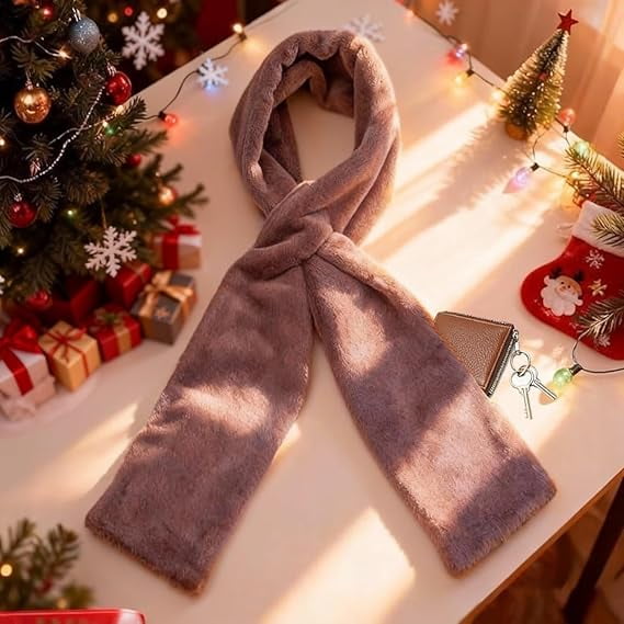 Faux Fur Scarf With Hidden Zipper Pocket, 2026 Upgraded Scarf With Pockets, Cozy Wrap Secure Concealed Storage Coffee