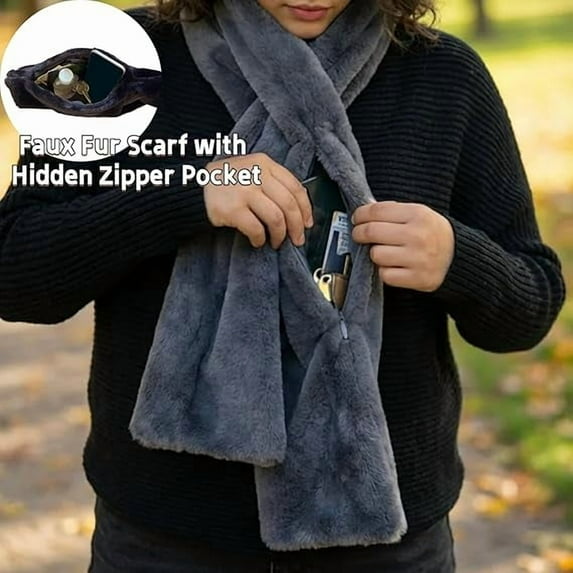 Faux Fur Scarf With Hidden Zipper Pocket, 2026 Upgraded Scarf With Pockets, Cozy Wrap Secure Concealed Storage Gray