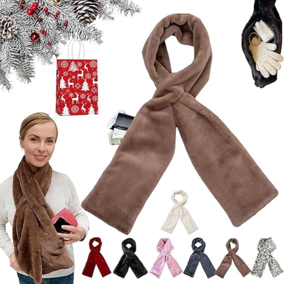 Faux Fur Scarf With Hidden Zipper Pocket For Women,Soft Cozy And Warm Cell Phone And Valuables Winter Accessory(Coffee)