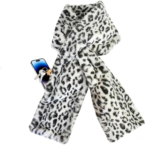 Faux Fur Scarf with Hidden Zipper Pocket, Fuzzy Pull Through Neck Wrap with Concealed Pouch