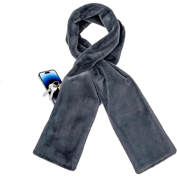 Faux Fur Scarf with Hidden Zipper Pocket, Fuzzy Pull Through Neck Wrap with Concealed Pouch