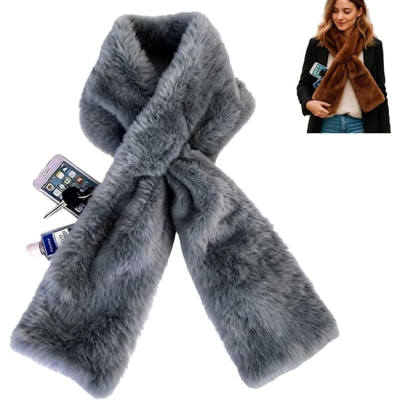 Faux Fur Scarf with Hidden Zipper Pocket for Women, Winter Neck Wrap with Secret Storage, Soft Cozy Scarf for Travel Outdoors