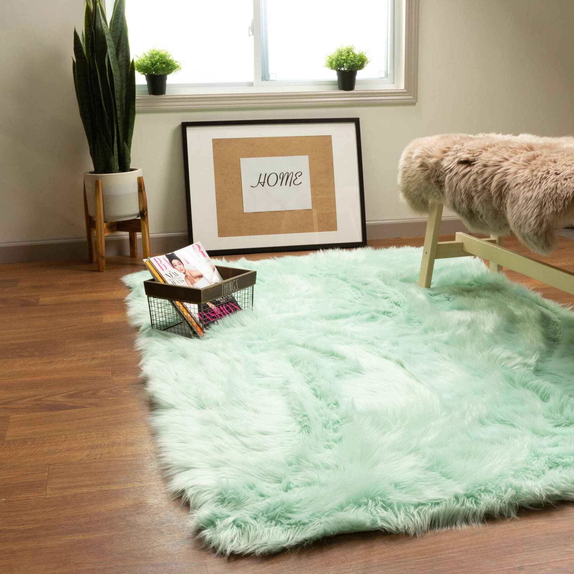Mint Green Faux Fur Shag Rug - 5' x 7'