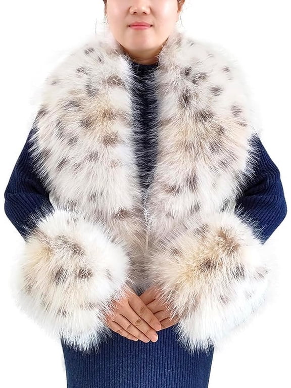 Faux Fur Shawl Wrap with Matching Wrist Cuffs, Luxury Fake Fox Fur Collar Scarf, Winter Formal Wedding Evening Stole, Warm Fluffy Fur Neck Wrap & Cuff Set for Women Cold Weather