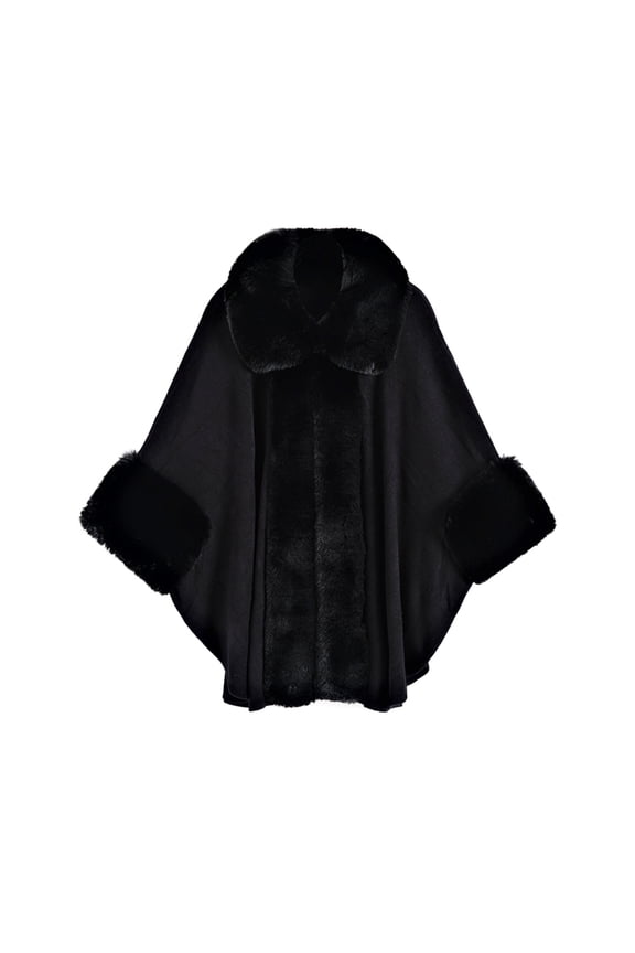 Faux Fur Shawl Wrap Winter Warm Knitted Cardigan Jacket Evening Cape for Women Black One Size
